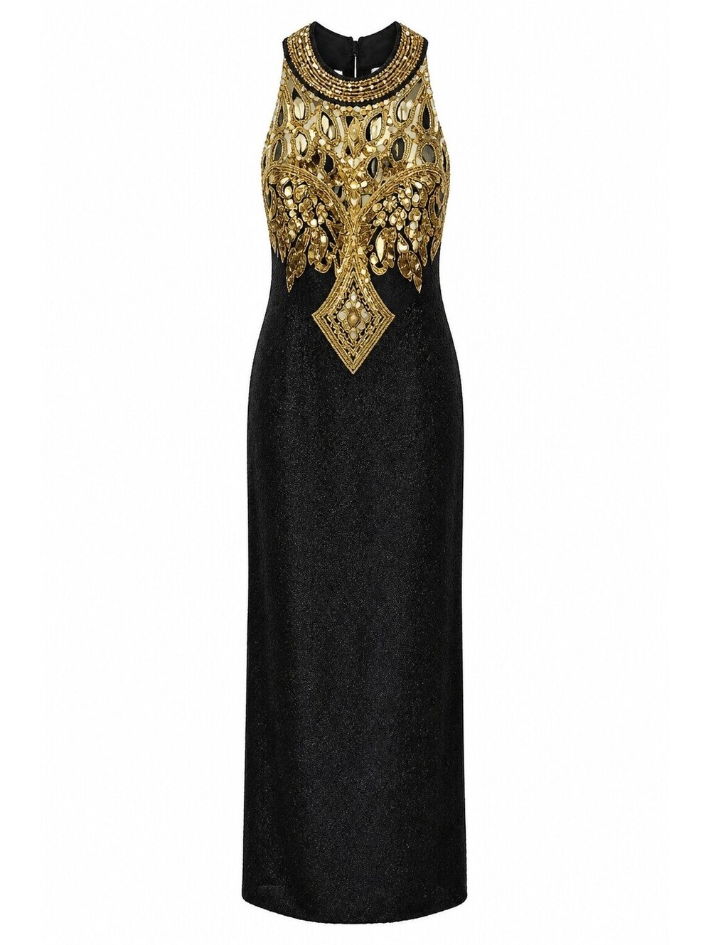 Vintage Lifestyle Fashions 2X Silk Beaded Sequin Black Gold Maxi Dress